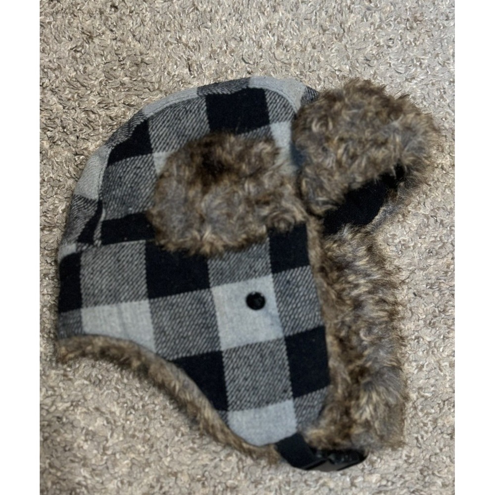 Kids Boys‎ Faux Fur Hat Plaid Black/Gray Ear Flaps S/M Warm Winter Fleece Lined